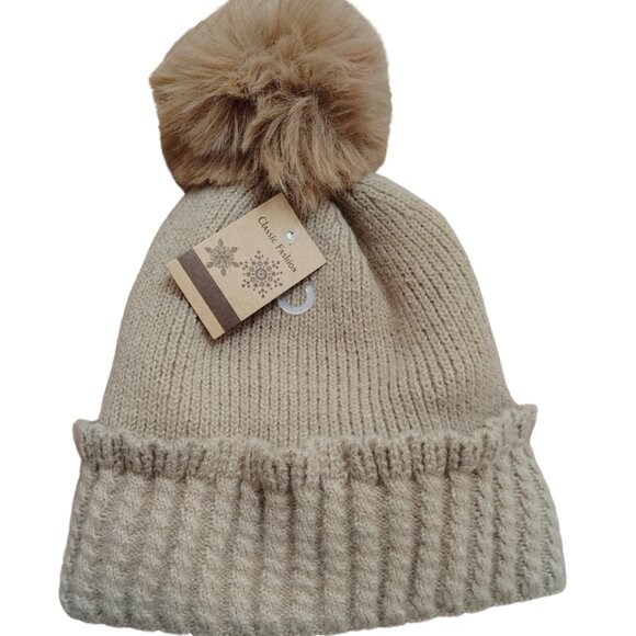 Womens Knit Pom-Pom Beanie OS Tan Brown Fleece Lined Winter Ski Lodge Normcore - Picture 4 of 9
